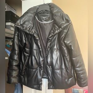 DKNY women’s Faux-Leather Puffer Coat, size XS, pre-owned